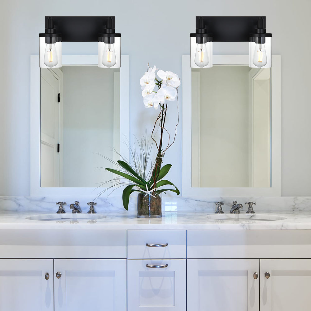 2 Light Bathroom Light Fixtures,Vintage Wall Vanity Light Metal Wall Mount Lamp with Clear Glass in Black Finish Wall Sconces Lighting for Powder Room, Hallway, Kitchen, Mirror, Laundry Room