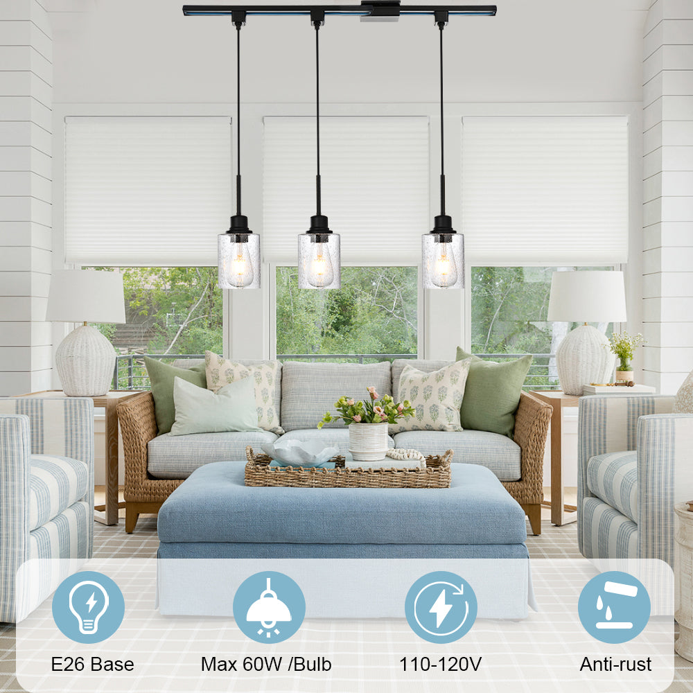 Flexible 3-Pack Track Lighting Ceiling Dimmable Black Metal Pendant Lights with Clear Glass Shades Adjustable Vintage Industrial Fixture for Kitchen, Living Room & Dining(tails included)
