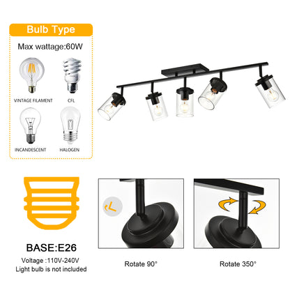 Black Adjustable Track Light Fixture – Modern 5-light Clear Glass Shade Vanity Track Lights with Flexible Heads Wall Mounted