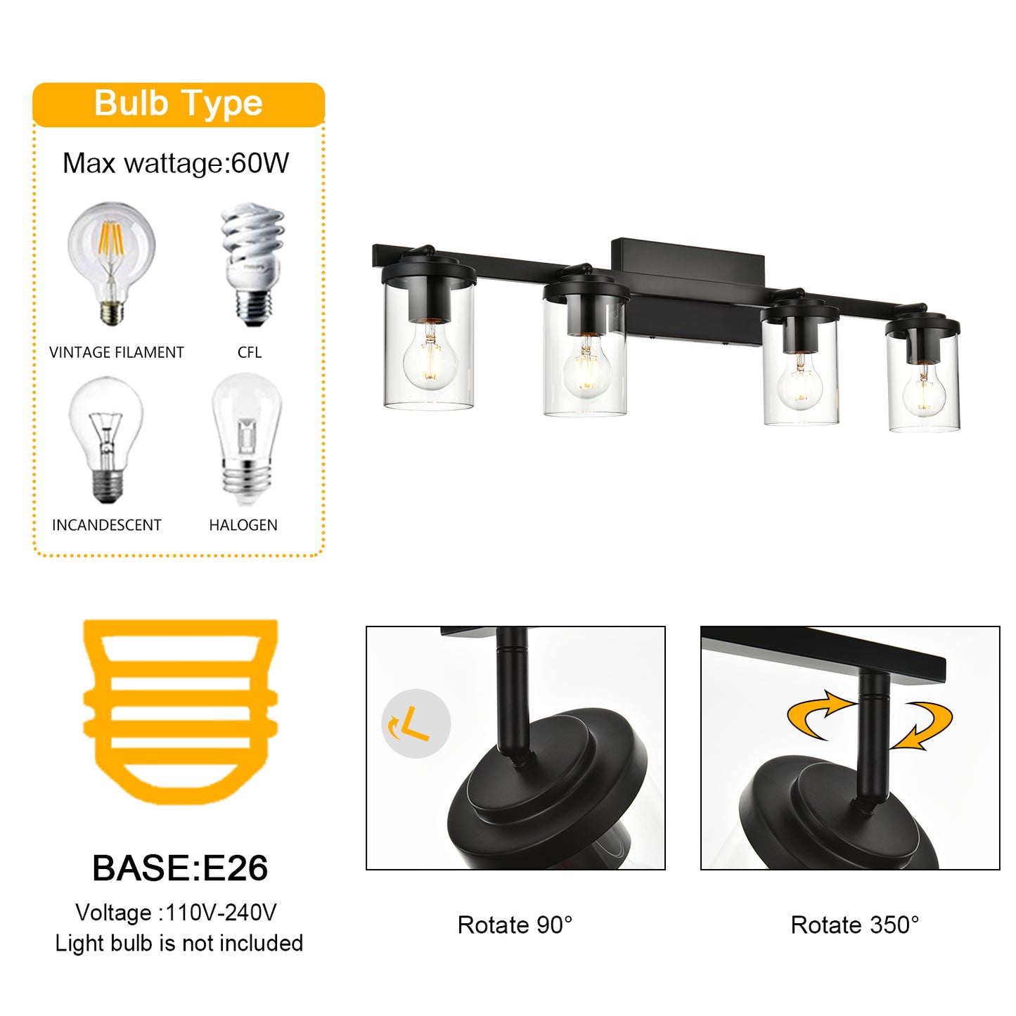 Black Adjustable Track Light Fixture – Modern 4-light Clear Glass Shade Vanity Track Lights with Flexible Heads Wall Mounted