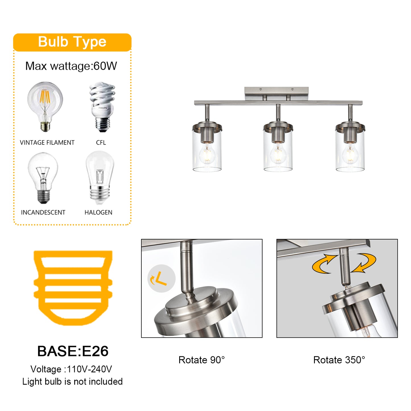 Brushed Nickel Adjustable Track Light Fixture – Modern 3-light Clear Glass Shade Vanity Track Lights with Flexible Heads Wall Mounted