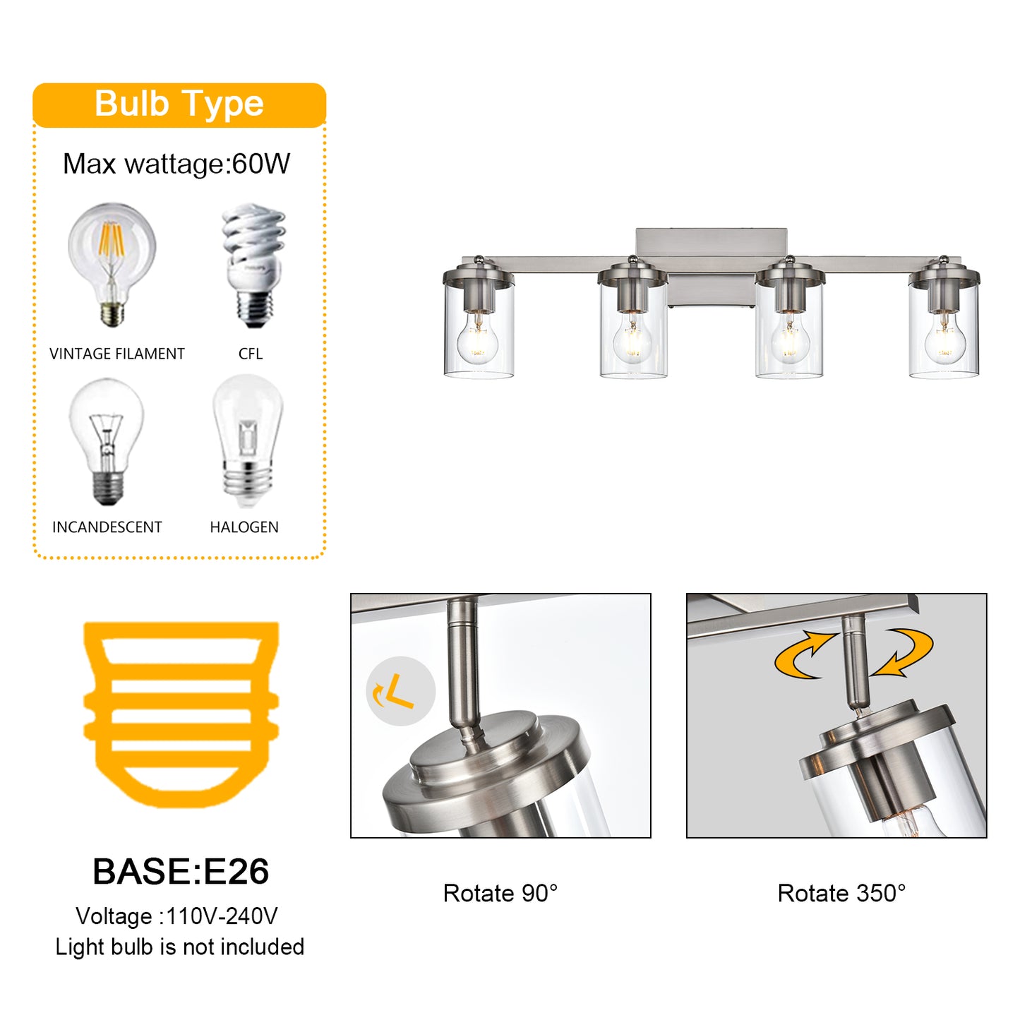 Brushed Nickel Adjustable Track Light Fixture – Modern 4-light Clear Glass Shade Vanity Track Lights with Flexible Heads Wall Mounted