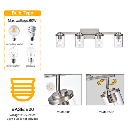 Brushed Nickel Adjustable Track Light Fixture – Modern 4-light Clear Glass Shade Vanity Track Lights with Flexible Heads Wall Mounted