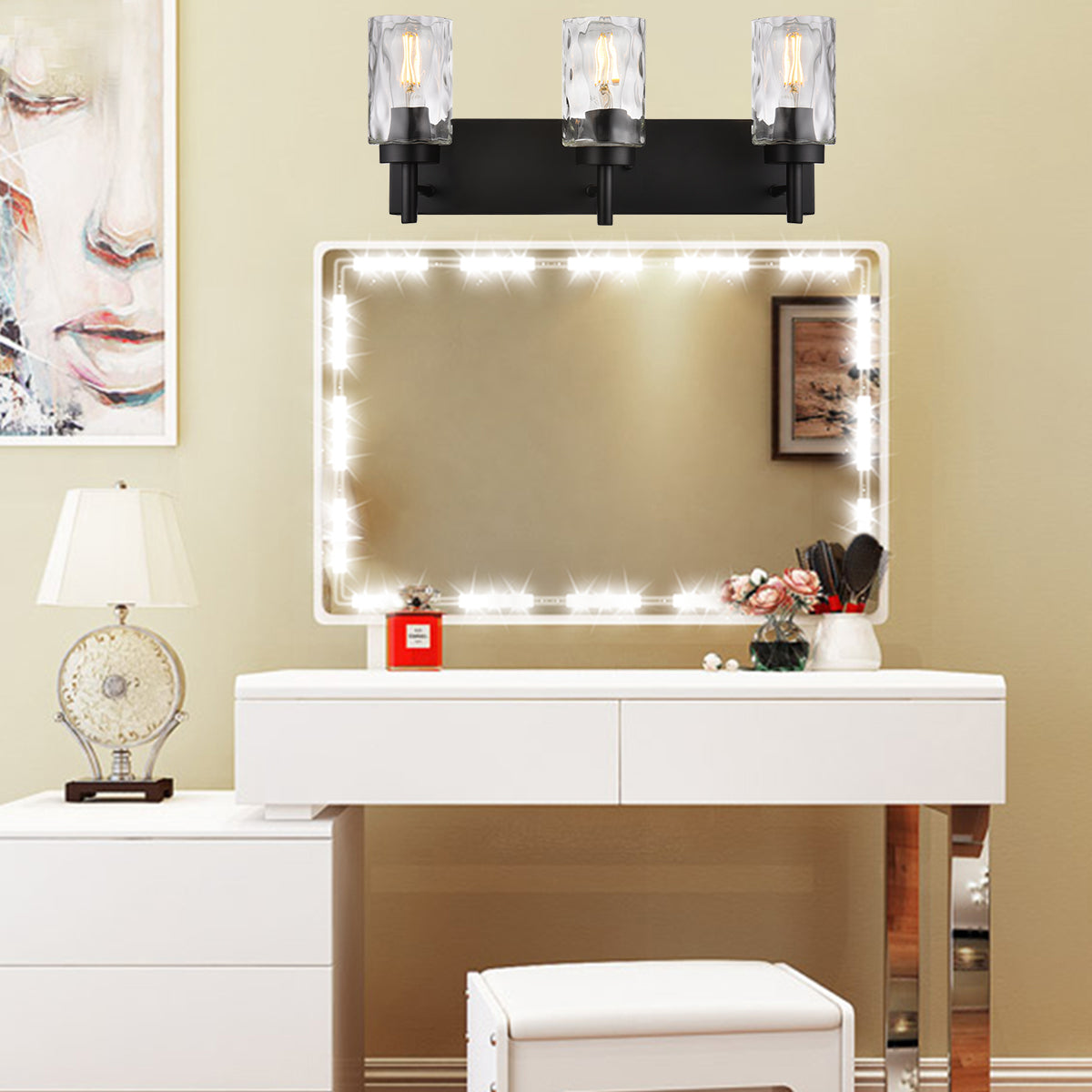 Vanity Light Fixtures 3 Light Modern Wall Sconces Lighting Black Bathroom Lights Wall Mounted with Hammered Glass Shade,Farmhouse Wall Light for Mirror Cabinets, Powder Room, Dressing Table