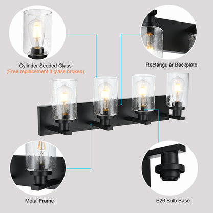 Bathroom Vanity Light Fixtures 4-Lights Seeded Glass Cylinder Shade Modern Farmhouse Wall Sconce Lighting Bath Vanity Lights Over Mirror