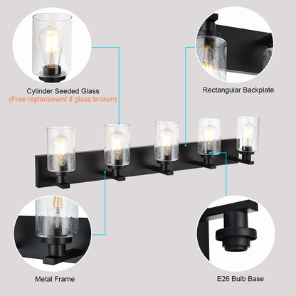 Bathroom Vanity Light Fixtures 5-Lights Seeded Glass Cylinder Shade Modern Farmhouse Wall Sconce Lighting Bath Vanity Lights Over Mirror