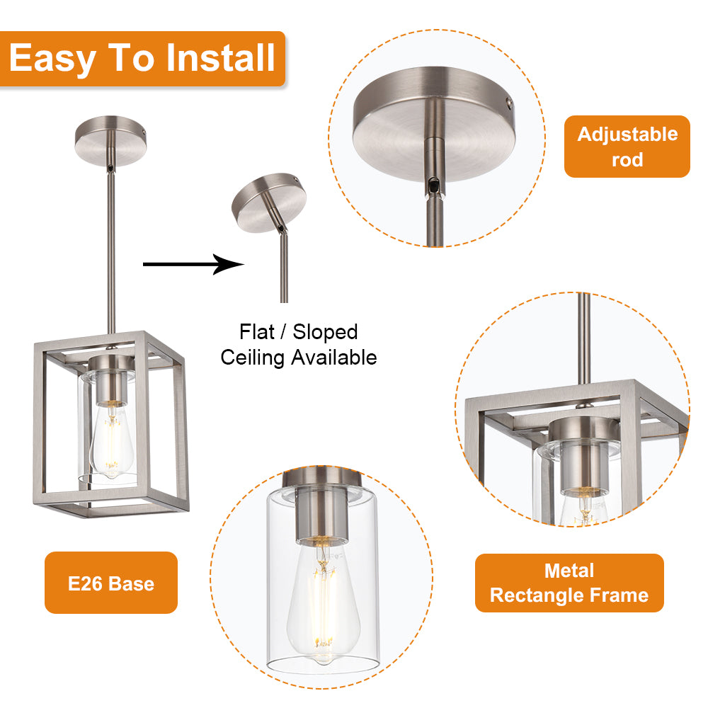 Contemporary Pendant Lighting,Single 1 Light Brushed Nickel Cage Hanging Light with Clear Glass Shade for Kitchen Island Entryway Dining Room Hallway Porch