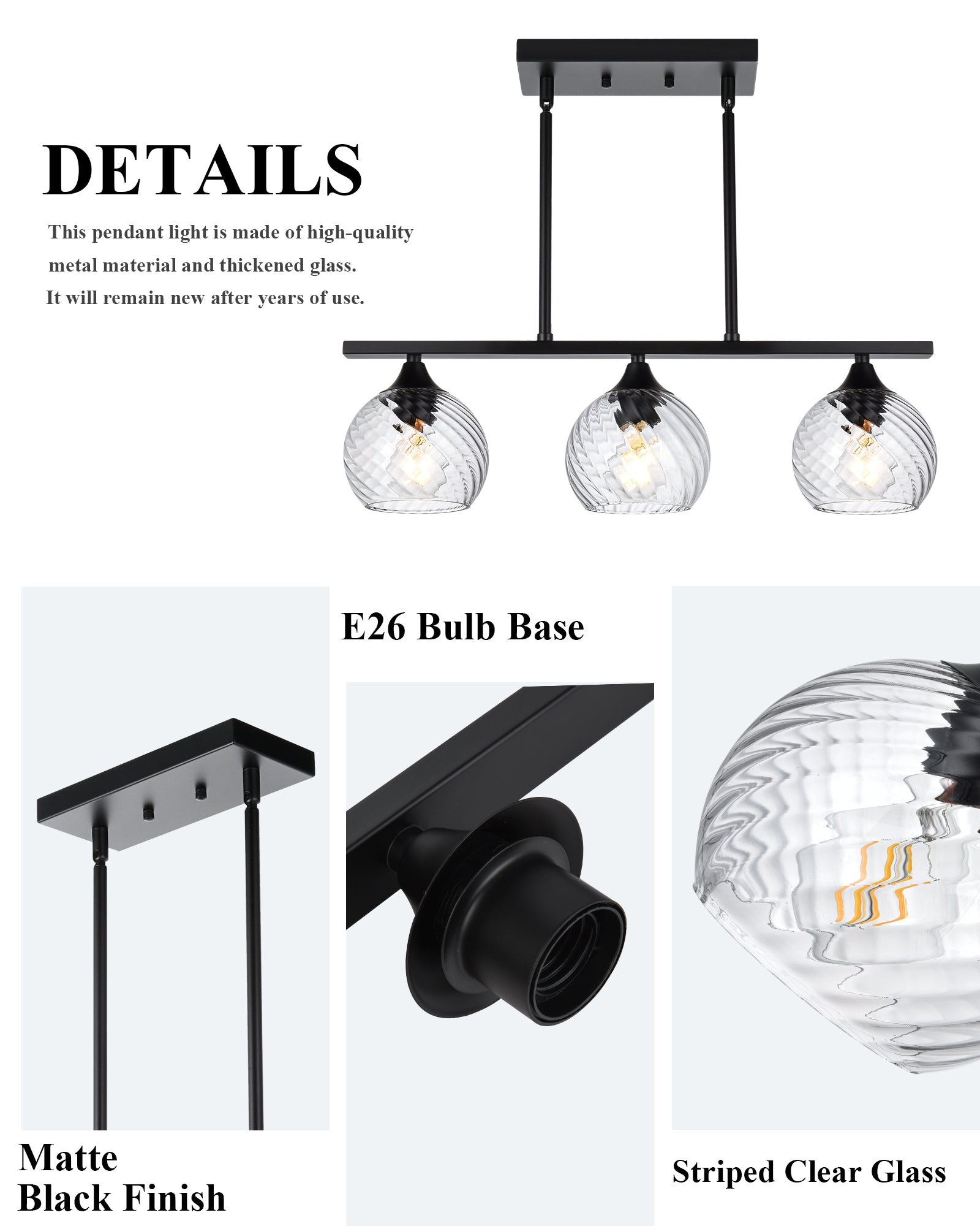 Kitchen Island Light Fixtures, Matte Black Pendant Hanging Lighting with Clear Globe Glass Shades E26 Socket, Modern Ceiling Chandelier for Pool Table Dining Room