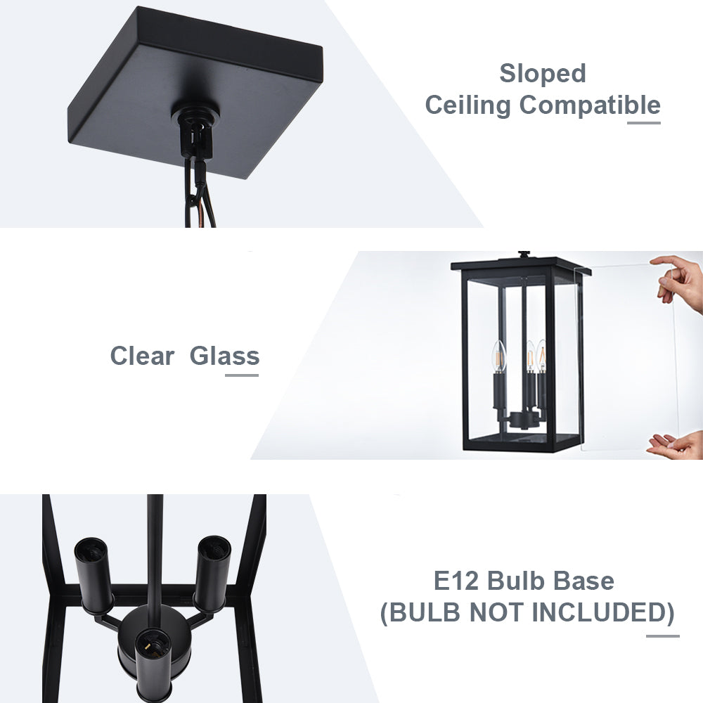 Black Outdoor Pendant Lanern, E12 Candle Chandelier 3-Lights Large Exterior Hanging Light Fixture with Clear Glass Height Adjustable for Indoor Entryway Porch