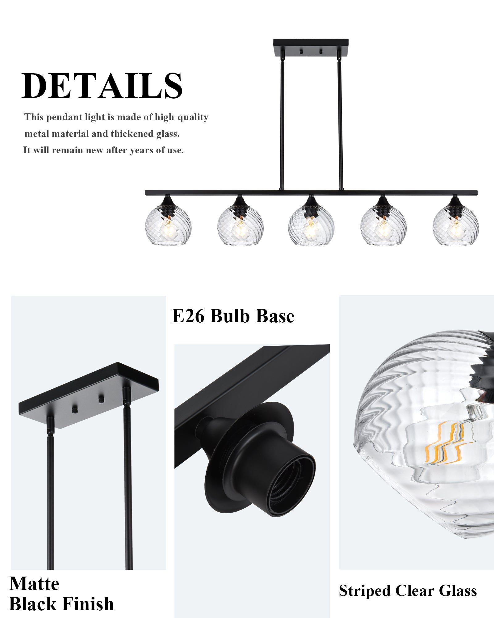 Kitchen Island Light Fixtures, Matte Black Pendant Hanging Lighting with Clear Globe Glass Shades E26 Socket, Modern Ceiling Chandelier for Pool Table Dining Room