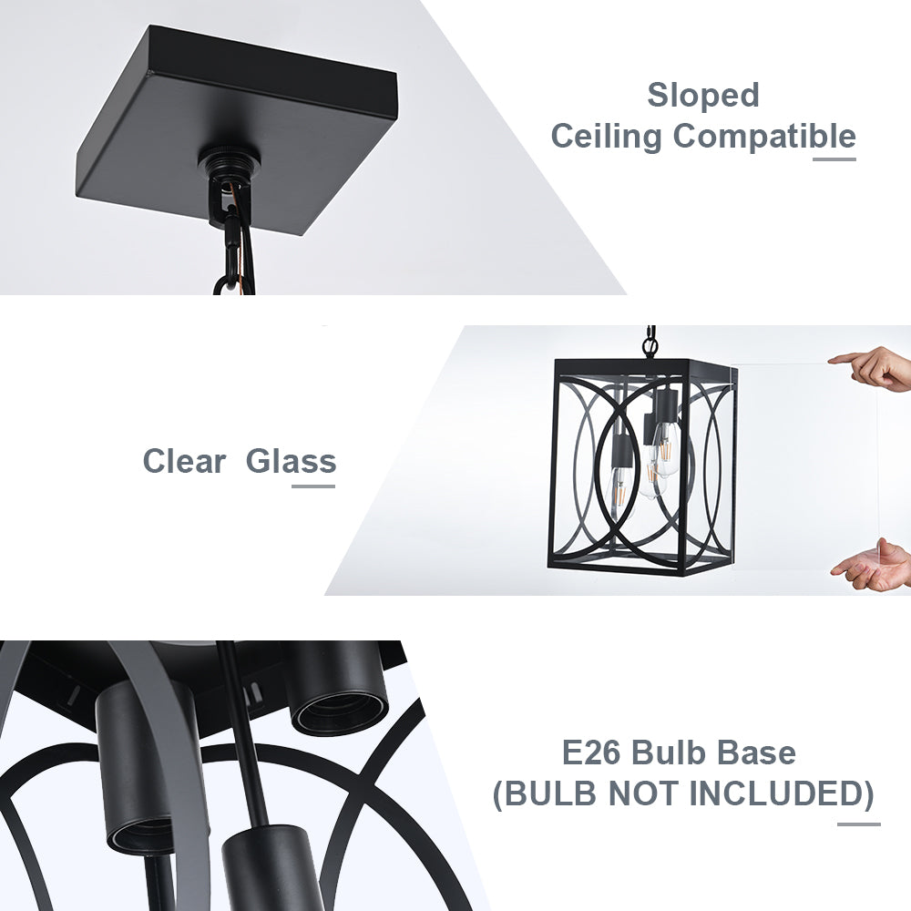 Outdoor Pendant Light Fixture, 3-Light Black Large Exterior Hanging Lantern with Clear Glass, Metal Outdoor Chandelier Porch Lighting for Front Porch Entrance