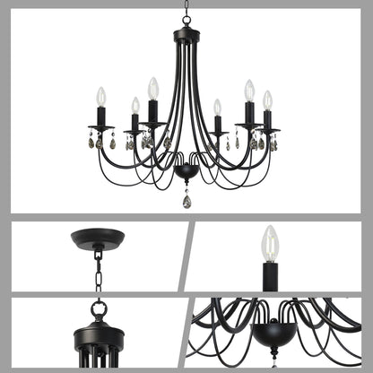 Black Chandeliers 6 Lights Crystal Chandelier Modern Candle Pendant Light Fixtures Elegant Ceiling Hanging Lights for Dining Room Living Room
