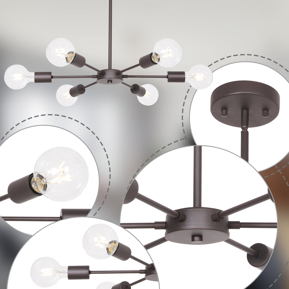 Modern Oil Rubbed Bronze Sputnik Chandelier – 6-Light Adjustable Ceiling Fixture for Vaulted Ceilings E26 Bulb Base