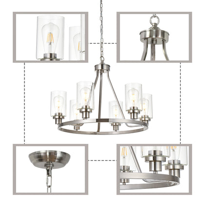 6 Lights Round Chandelier Brushed Nickel Island Lighting Dining Room Lighting Fixtures Hanging Glass Pendant Light for Kitchen Living Room Bedroom