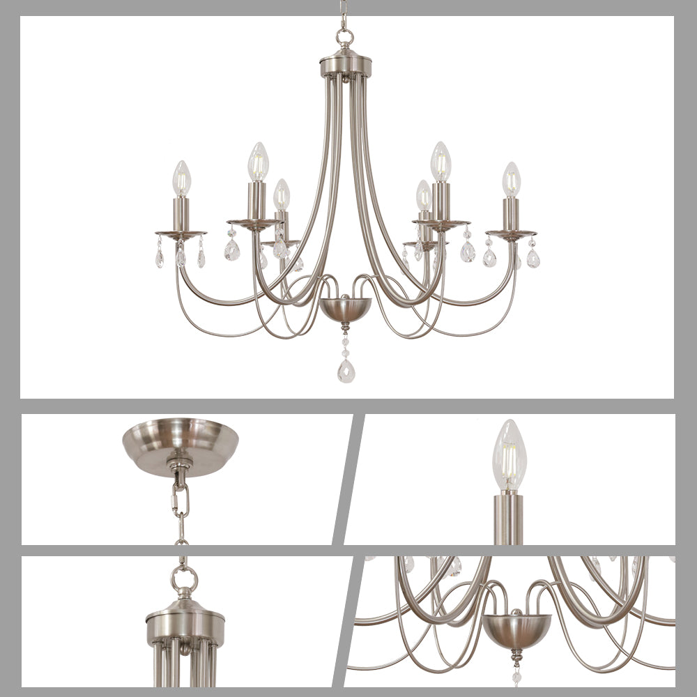 Brushed Nickel Chandeliers 6 Lights Crystal Chandelier Modern Candle Pendant Light Fixtures Elegant Ceiling Hanging Lights for Dining Room Living Room