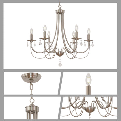 Brushed Nickel Chandeliers 6 Lights Crystal Chandelier Modern Candle Pendant Light Fixtures Elegant Ceiling Hanging Lights for Dining Room Living Room