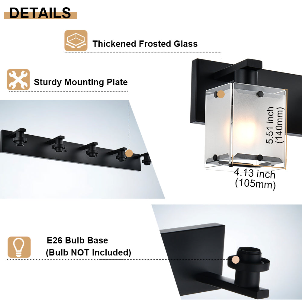 3-Lights Wall Sconce Lighting, Black Bathroom Vanity Light Fixture with Rectangular Frosted Glass for Over Mirror, E26 Bulb Base