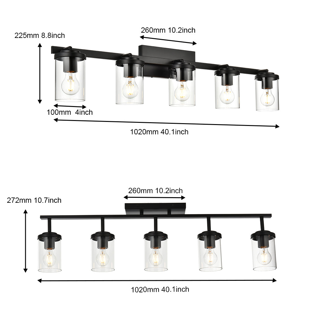 Black Adjustable Track Light Fixture – Modern 5-light Clear Glass Shade Vanity Track Lights with Flexible Heads Wall Mounted