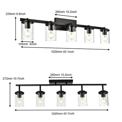 Black Adjustable Track Light Fixture – Modern 5-light Clear Glass Shade Vanity Track Lights with Flexible Heads Wall Mounted