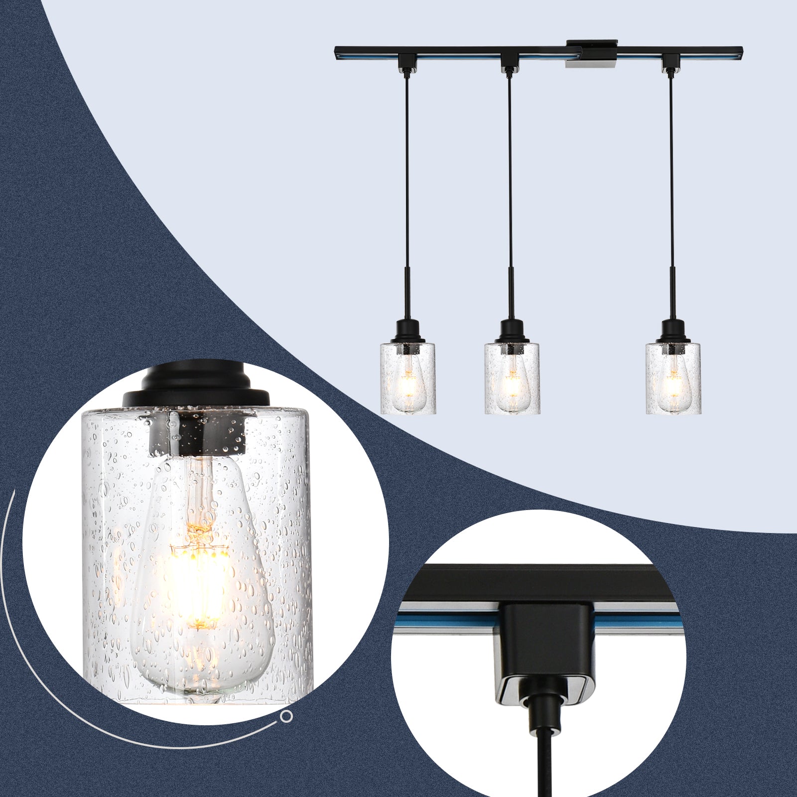 Flexible 3-Pack Track Lighting Ceiling Dimmable Black Metal Pendant Lights with Clear Glass Shades Adjustable Vintage Industrial Fixture for Kitchen, Living Room & Dining(tails included)