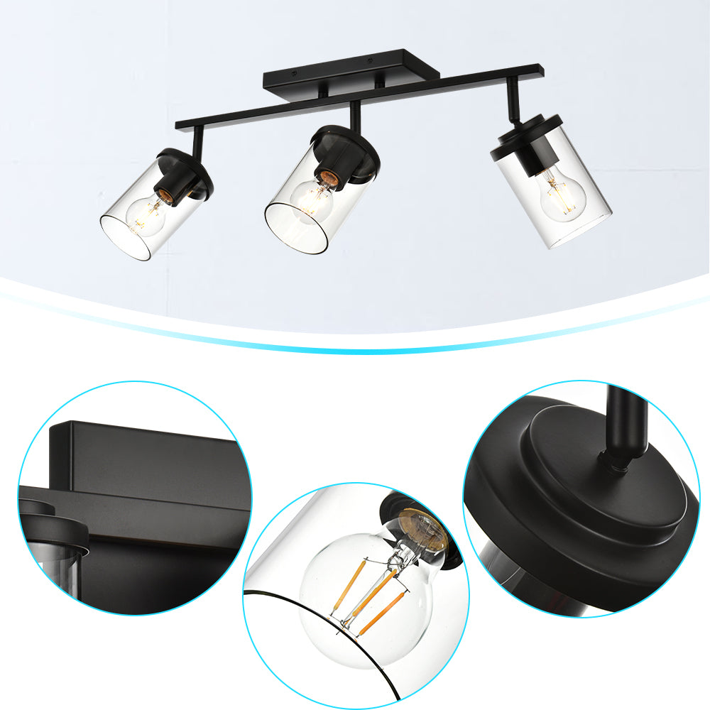 Black Adjustable Track Light Fixture – Modern 3-light Clear Glass Shade Vanity Track Lights with Flexible Heads Wall Mounted