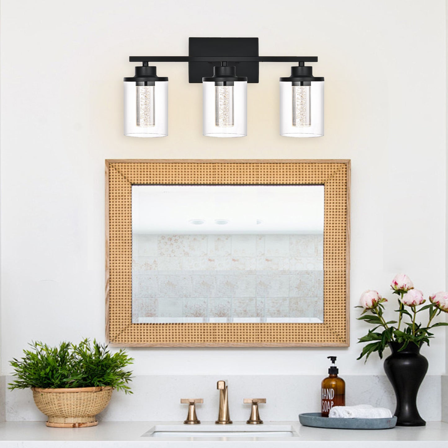 Modern Bubble Crystal 3-Light Vanity Light – 5CCT LED Black Wall Sconce, Adjustable Bulb Orientation, Round Glass & Cylindrical Crystal Shade for Bathroom Glamour