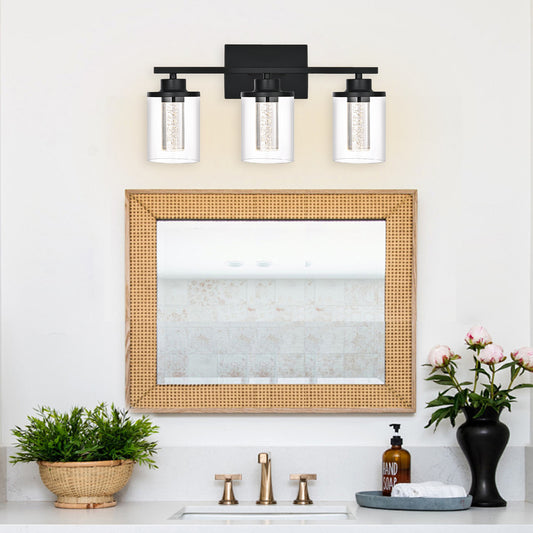 Modern Bubble Crystal 3-Light Vanity Light – 5CCT LED Black Wall Sconce, Adjustable Bulb Orientation, Round Glass & Cylindrical Crystal Shade for Bathroom Glamour