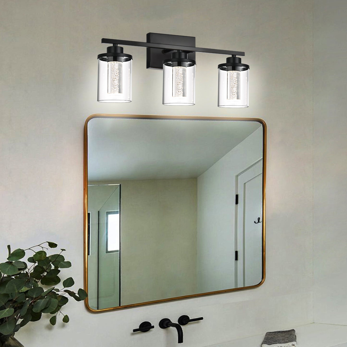 Modern Bubble Crystal 3-Light Vanity Light – 5CCT LED Black Wall Sconce, Adjustable Bulb Orientation, Round Glass & Cylindrical Crystal Shade for Bathroom Glamour