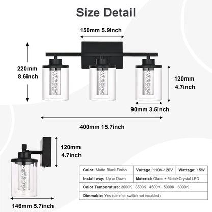 Modern Bubble Crystal 3-Light Vanity Light – 5CCT LED Black Wall Sconce, Adjustable Bulb Orientation, Round Glass & Cylindrical Crystal Shade for Bathroom Glamour