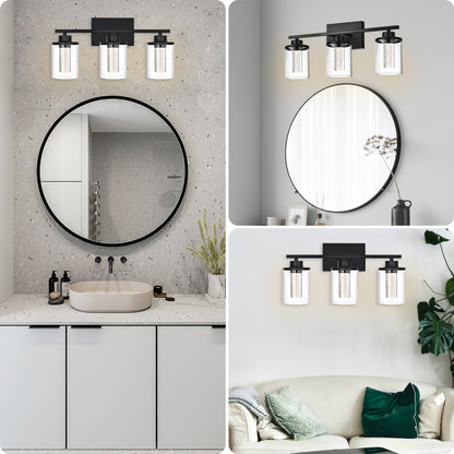 Modern Bubble Crystal 3-Light Vanity Light – 5CCT LED Black Wall Sconce, Adjustable Bulb Orientation, Round Glass & Cylindrical Crystal Shade for Bathroom Glamour