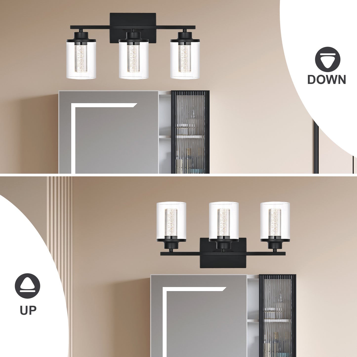 Modern Bubble Crystal 3-Light Vanity Light – 5CCT LED Black Wall Sconce, Adjustable Bulb Orientation, Round Glass & Cylindrical Crystal Shade for Bathroom Glamour