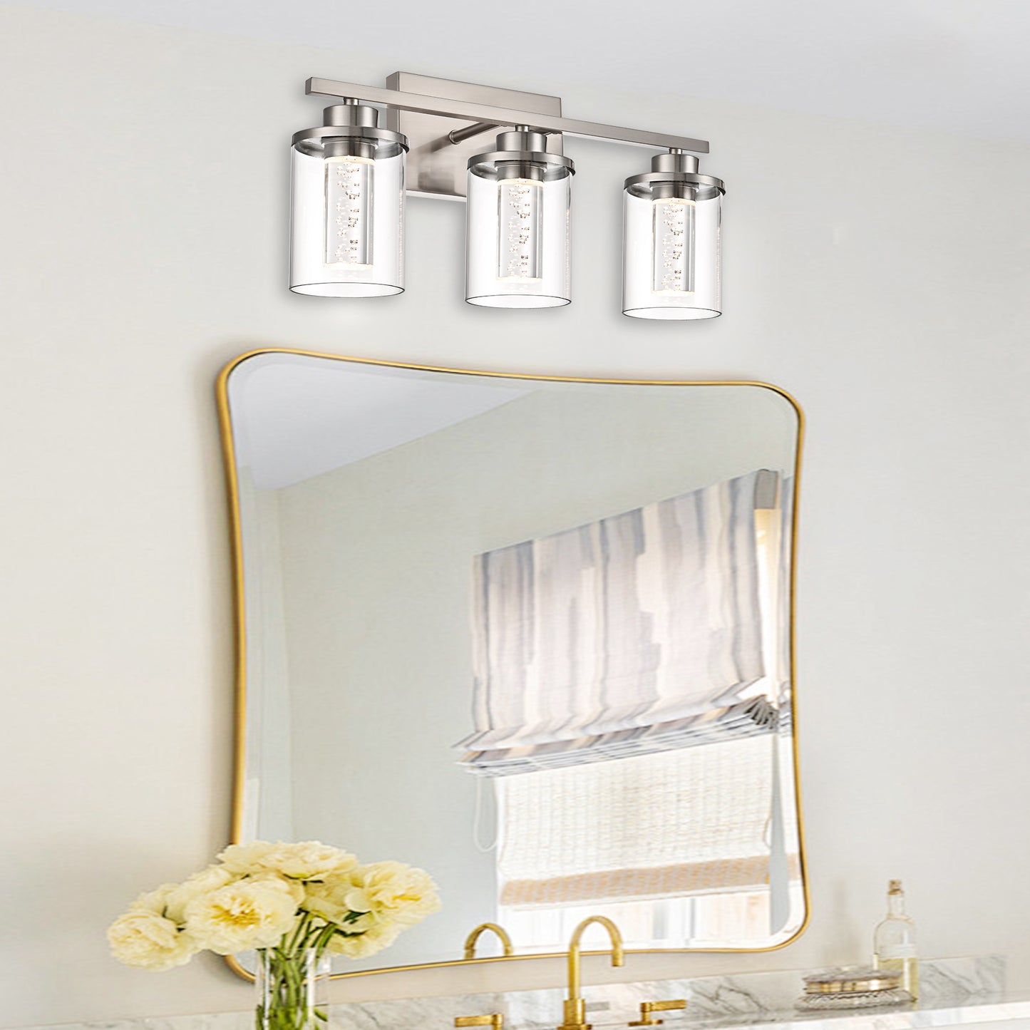 Modern Bubble Crystal 3-Light Vanity Light – 5CCT Adjustable LED Wall Sconce Cylindrical Clear Shade for Bathroom Glamour