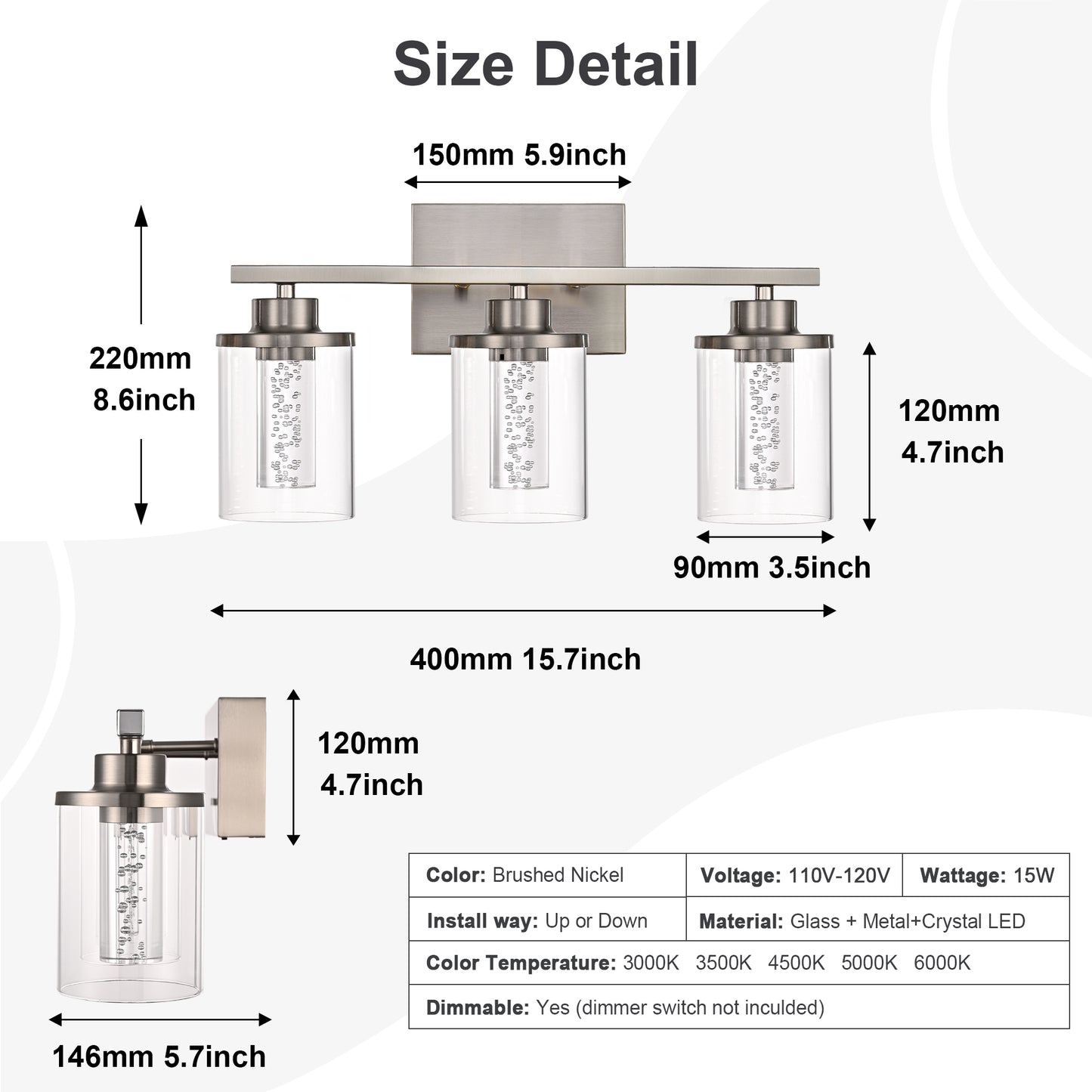 Modern Bubble Crystal 3-Light Vanity Light – 5CCT Adjustable LED Wall Sconce Cylindrical Clear Shade for Bathroom Glamour