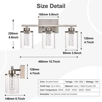 Modern Bubble Crystal 3-Light Vanity Light – 5CCT Adjustable LED Wall Sconce Cylindrical Clear Shade for Bathroom Glamour