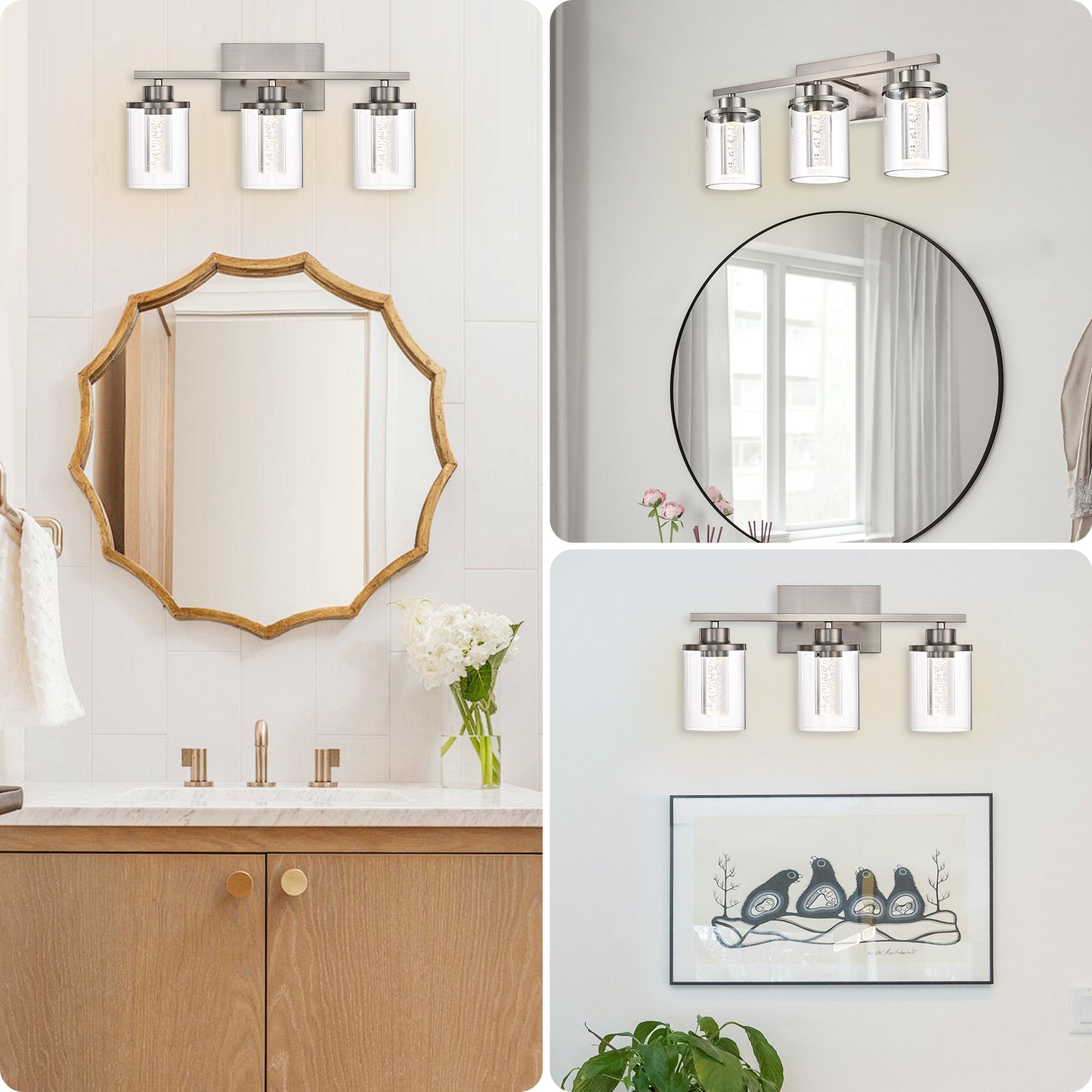 Modern Bubble Crystal 3-Light Vanity Light – 5CCT Adjustable LED Wall Sconce Cylindrical Clear Shade for Bathroom Glamour