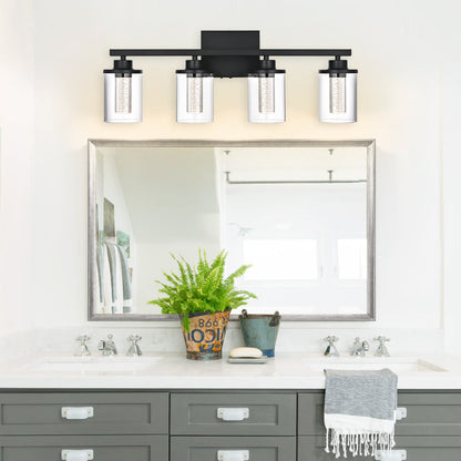 Modern Bubble Crystal 4-Light Vanity Light – 5CCT LED Black Wall Sconce, Adjustable Bulb Orientation, Round Glass & Cylindrical Crystal Shade for Bathroom Glamour