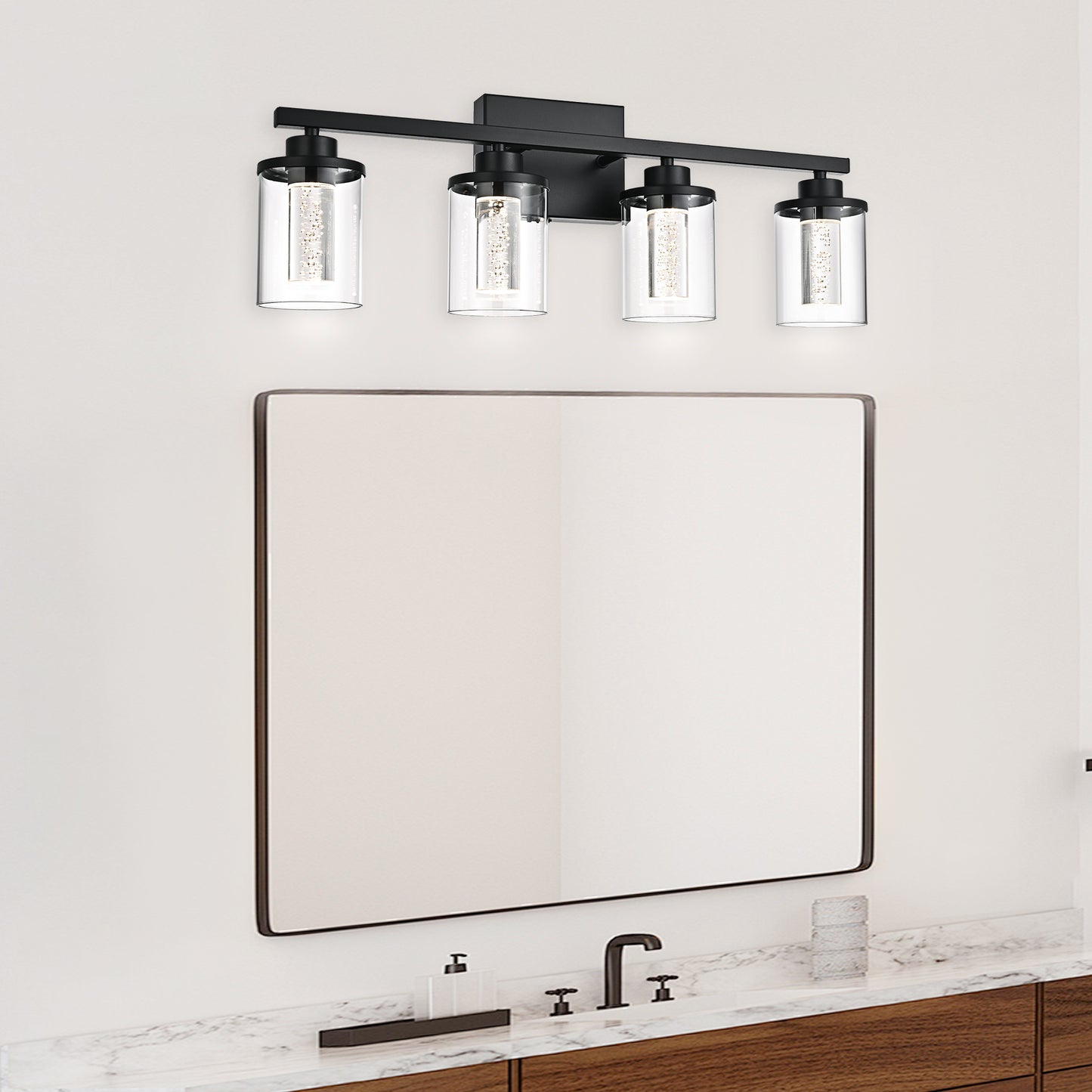 Modern Bubble Crystal 4-Light Vanity Light – 5CCT LED Black Wall Sconce, Adjustable Bulb Orientation, Round Glass & Cylindrical Crystal Shade for Bathroom Glamour