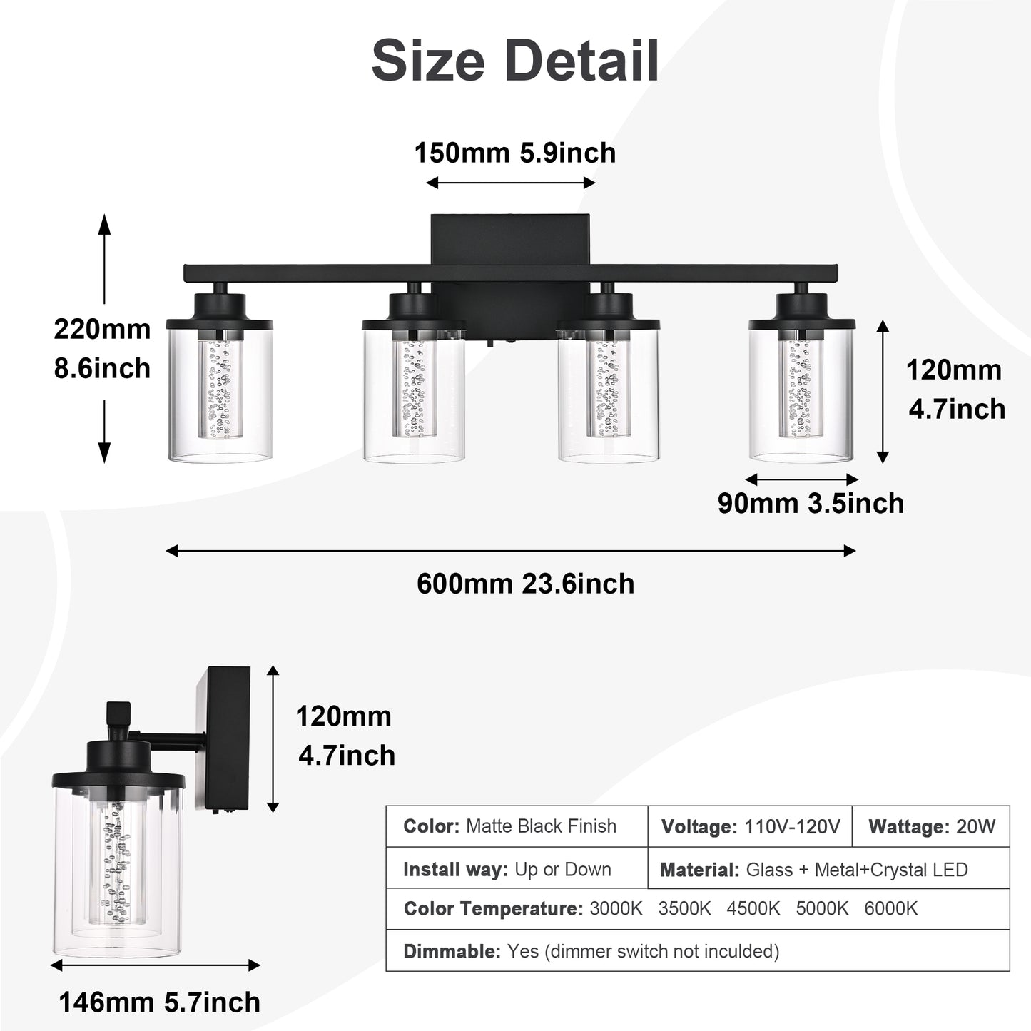 Modern Bubble Crystal 4-Light Vanity Light – 5CCT LED Black Wall Sconce, Adjustable Bulb Orientation, Round Glass & Cylindrical Crystal Shade for Bathroom Glamour