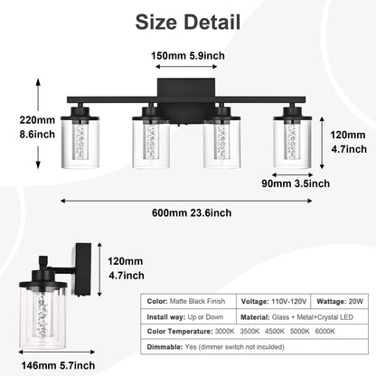 Modern Bubble Crystal 4-Light Vanity Light – 5CCT LED Black Wall Sconce, Adjustable Bulb Orientation, Round Glass & Cylindrical Crystal Shade for Bathroom Glamour