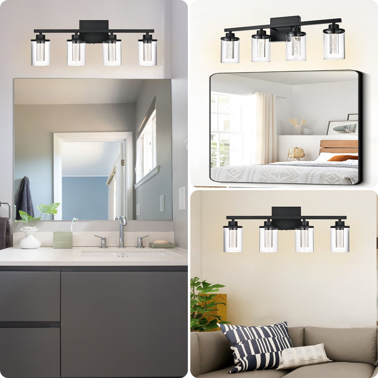 Modern Bubble Crystal 4-Light Vanity Light – 5CCT LED Black Wall Sconce, Adjustable Bulb Orientation, Round Glass & Cylindrical Crystal Shade for Bathroom Glamour