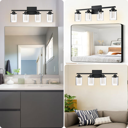 Modern Bubble Crystal 4-Light Vanity Light – 5CCT LED Black Wall Sconce, Adjustable Bulb Orientation, Round Glass & Cylindrical Crystal Shade for Bathroom Glamour