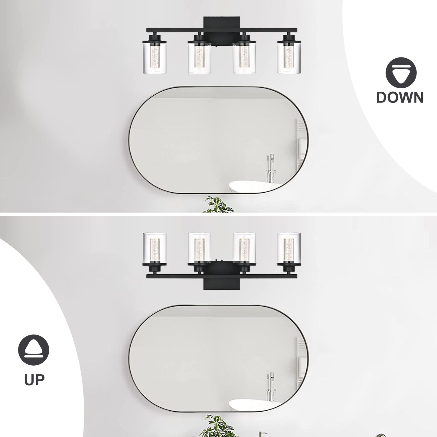 Modern Bubble Crystal 4-Light Vanity Light – 5CCT LED Black Wall Sconce, Adjustable Bulb Orientation, Round Glass & Cylindrical Crystal Shade for Bathroom Glamour