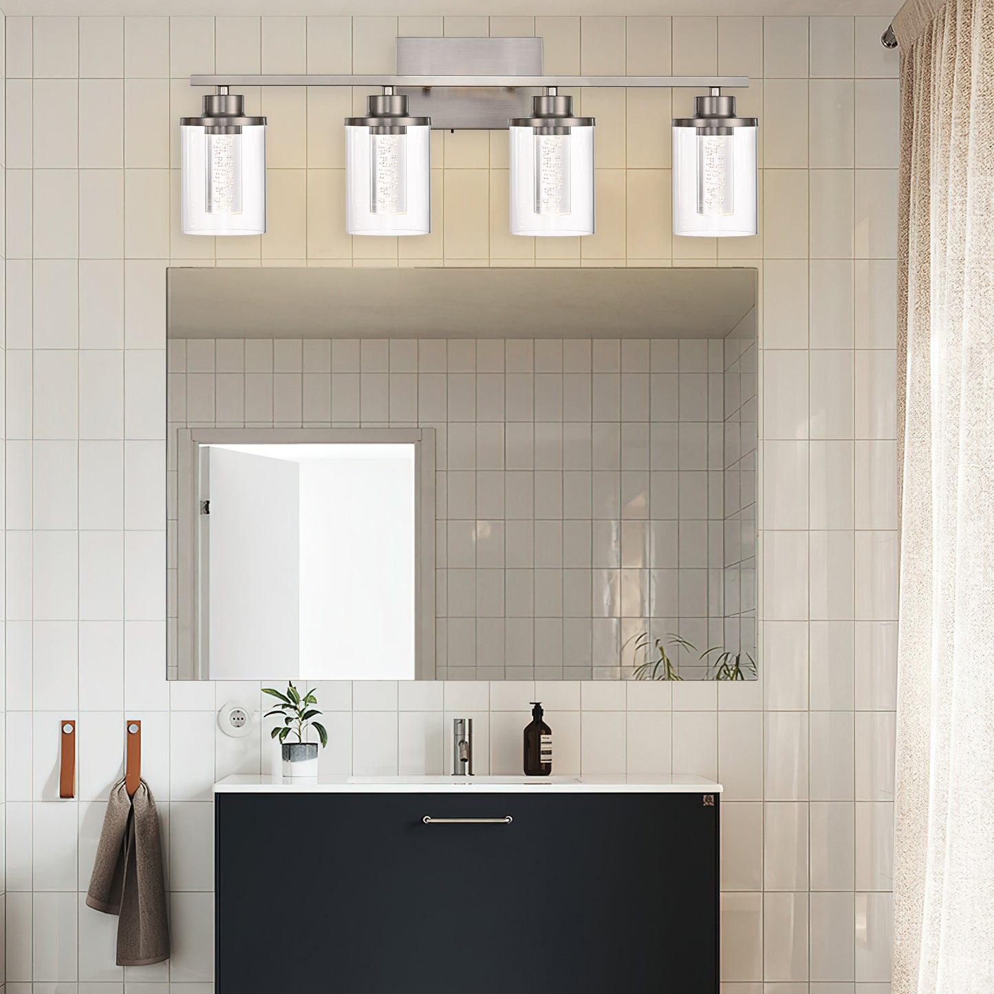 Modern Bubble Crystal 4-Light Vanity Light – 5CCT Adjustable LED Wall Sconce Cylindrical Clear Shade for Bathroom Glamour