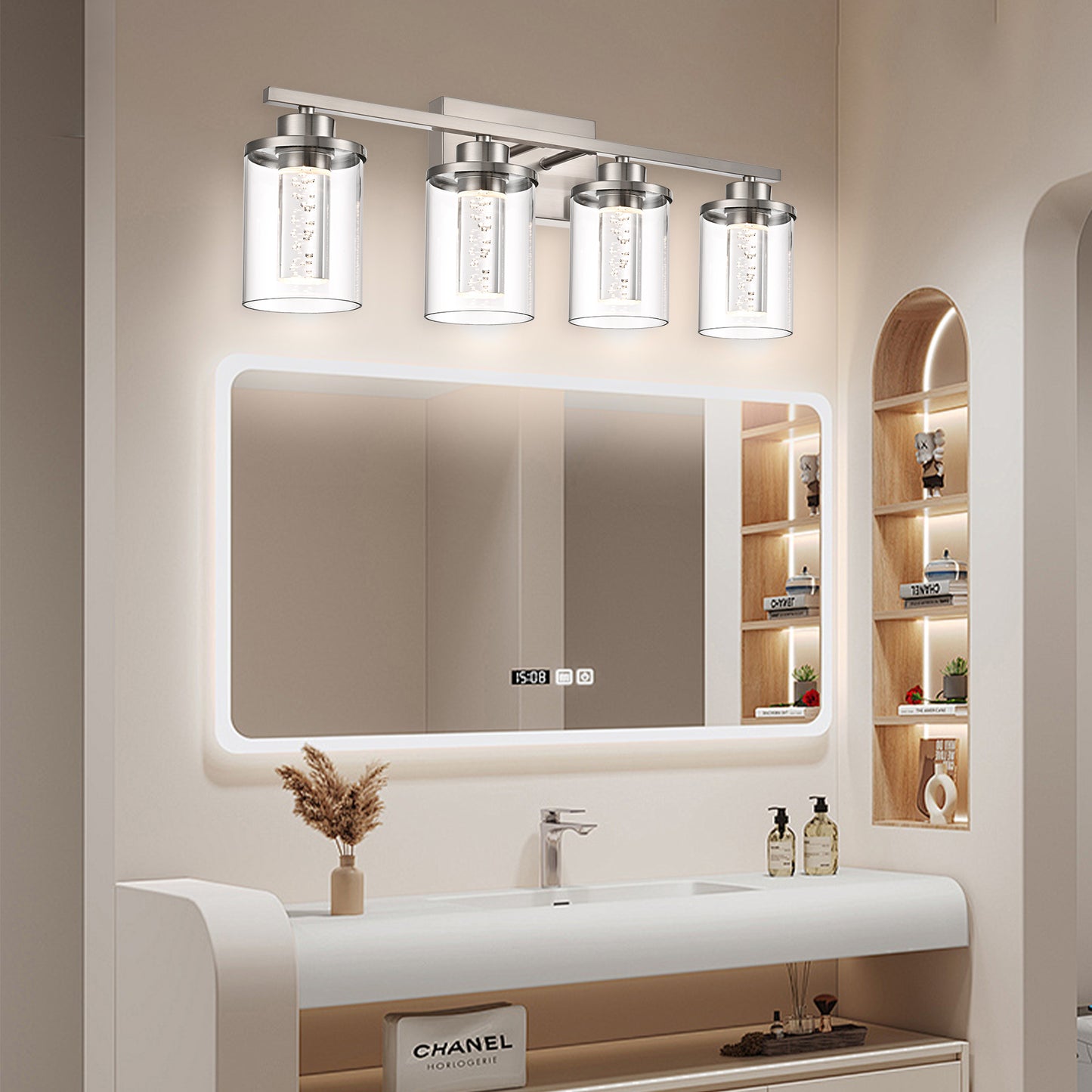 Modern Bubble Crystal 4-Light Vanity Light – 5CCT Adjustable LED Wall Sconce Cylindrical Clear Shade for Bathroom Glamour