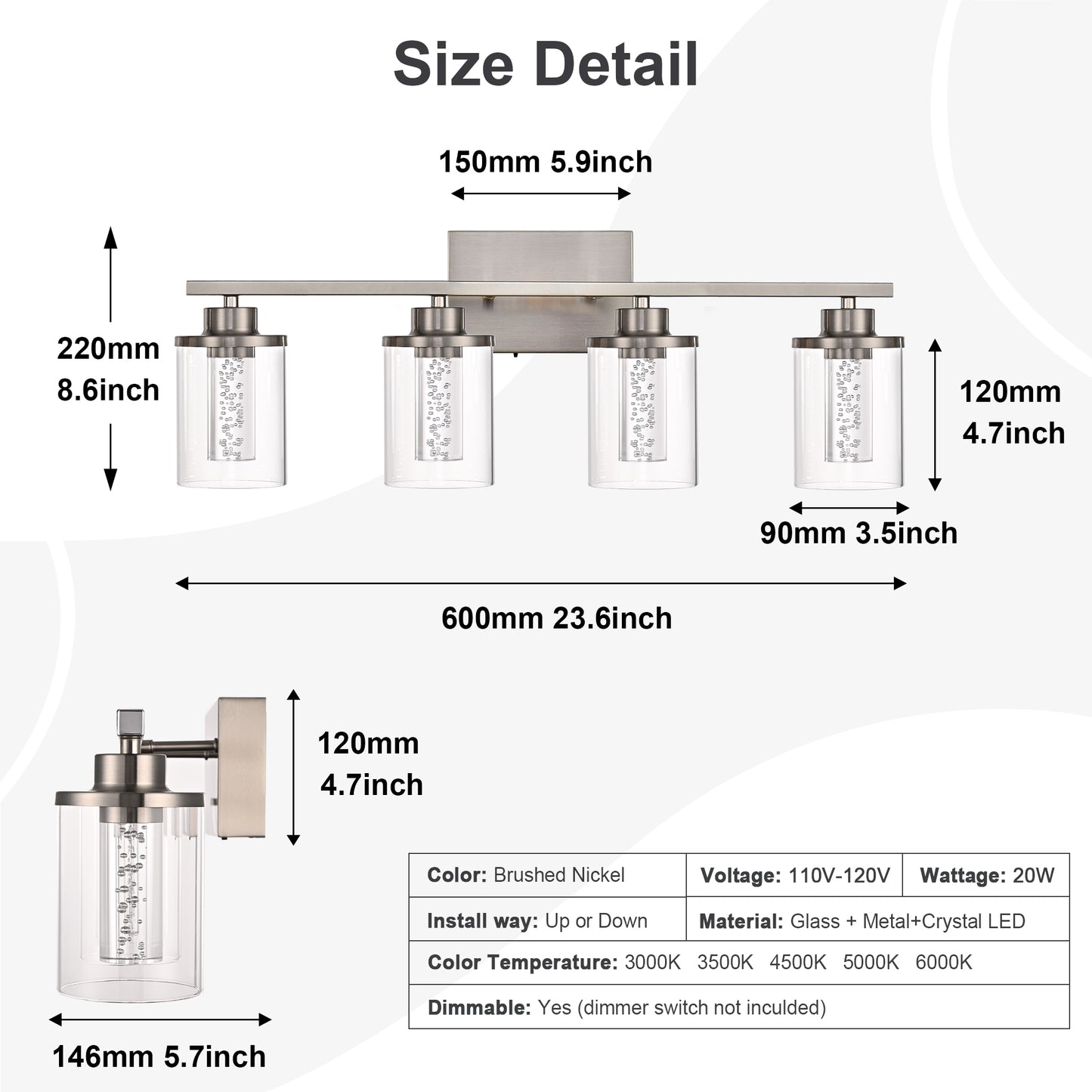 Modern Bubble Crystal 4-Light Vanity Light – 5CCT Adjustable LED Wall Sconce Cylindrical Clear Shade for Bathroom Glamour