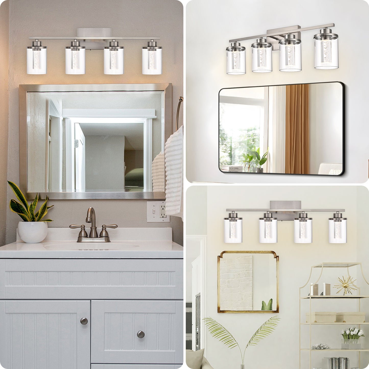 Modern Bubble Crystal 4-Light Vanity Light – 5CCT Adjustable LED Wall Sconce Cylindrical Clear Shade for Bathroom Glamour