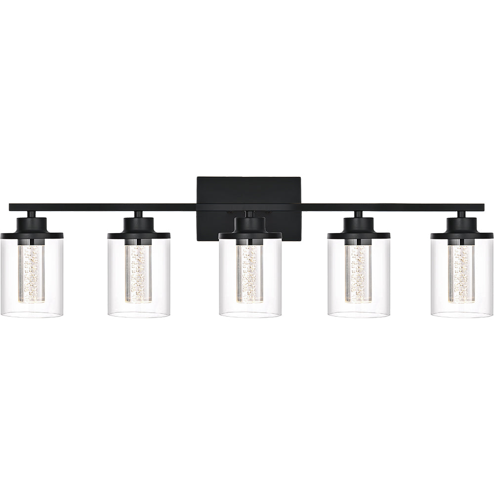 Modern Bubble Crystal 5-Light Vanity Light – 5CCT LED Black Wall Sconce, Adjustable Bulb Orientation, Round Glass & Cylindrical Crystal Shade for Bathroom Glamour