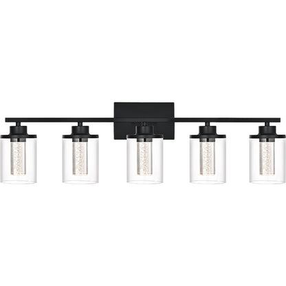 Modern Bubble Crystal 5-Light Vanity Light – 5CCT LED Black Wall Sconce, Adjustable Bulb Orientation, Round Glass & Cylindrical Crystal Shade for Bathroom Glamour
