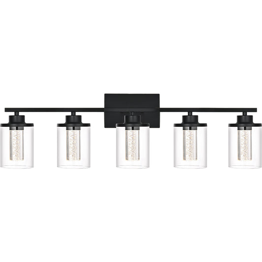 Modern Bubble Crystal 5-Light Vanity Light – 5CCT LED Black Wall Sconce, Adjustable Bulb Orientation, Round Glass & Cylindrical Crystal Shade for Bathroom Glamour