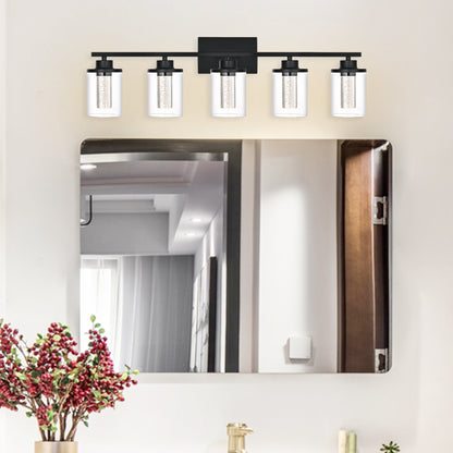 Modern Bubble Crystal 5-Light Vanity Light – 5CCT LED Black Wall Sconce, Adjustable Bulb Orientation, Round Glass & Cylindrical Crystal Shade for Bathroom Glamour